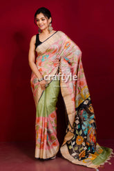 Light pink hand painted zari border pure tussar kalamkari saree woman floral painted saree 2