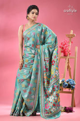 Light sea green floral pattern ethnic kantha silk saree woman turquoise blue saree colorful 4