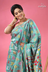 Light sea green floral pattern ethnic kantha silk saree light blue silk saree colorful 2