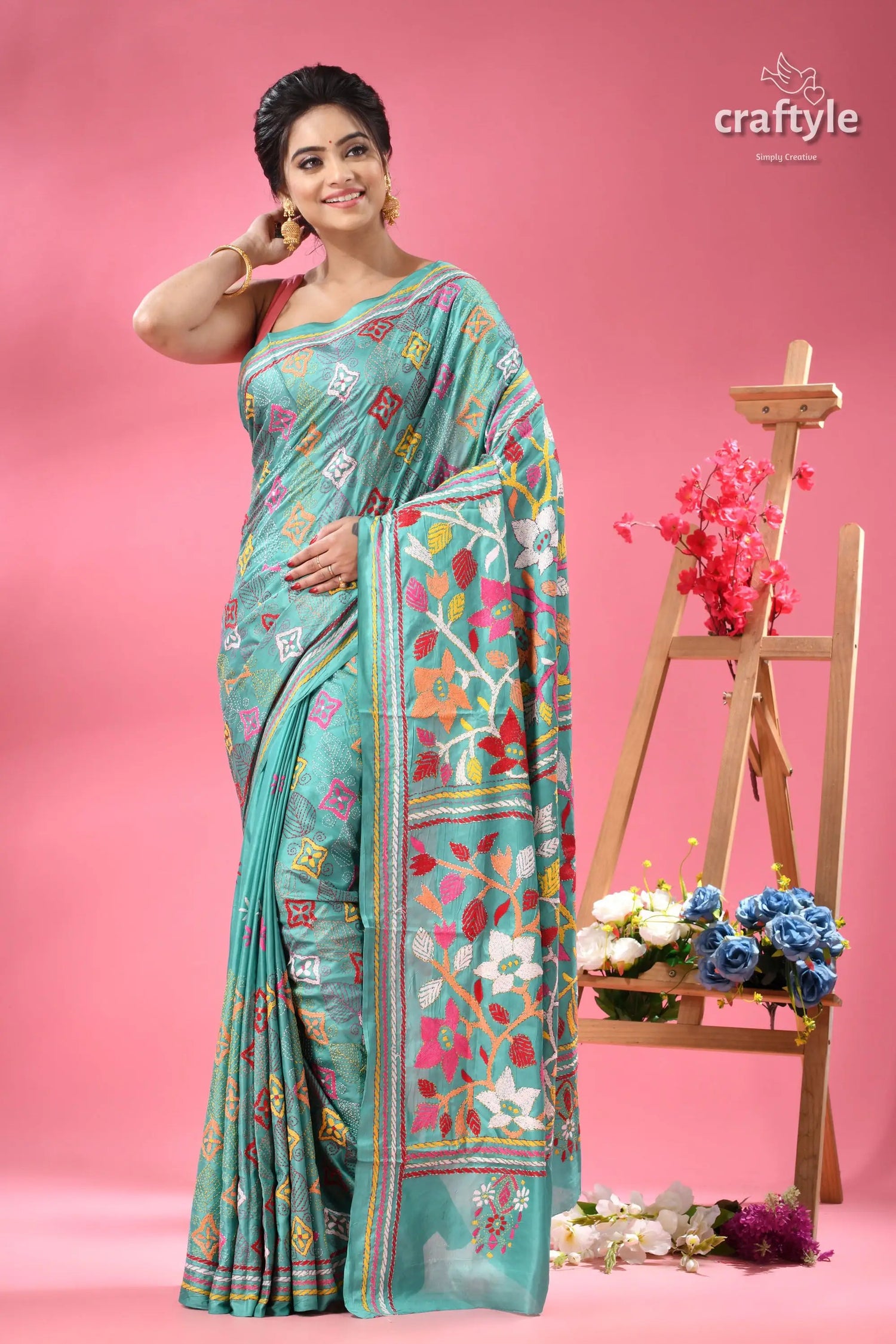 Light sea green floral pattern ethnic kantha silk saree woman light blue saree intricate 6