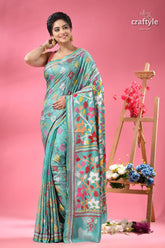 Light sea green floral pattern ethnic kantha silk saree woman light blue saree intricate 6