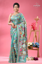 Light sea green floral pattern ethnic kantha silk saree light blue silk saree intricate 1