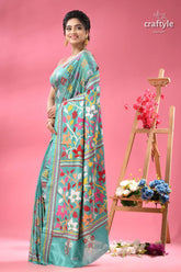 Light sea green floral pattern ethnic kantha silk saree woman teal floral embroidered saree 3