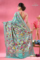 Light sea green floral pattern ethnic kantha silk saree light blue saree intricate multicolored 5