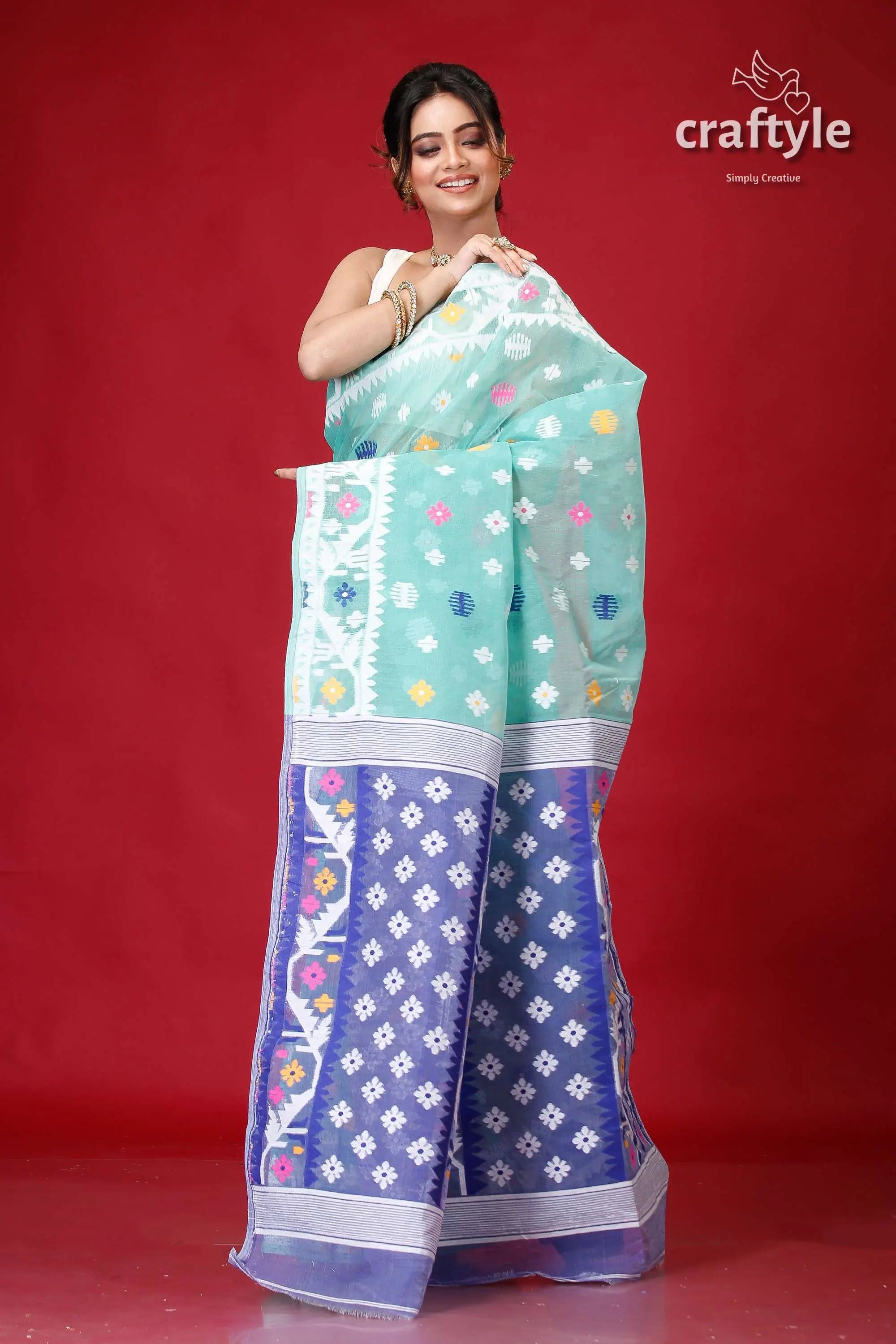 Light sea green jamdani weave saree woman blue white patterned saree 4