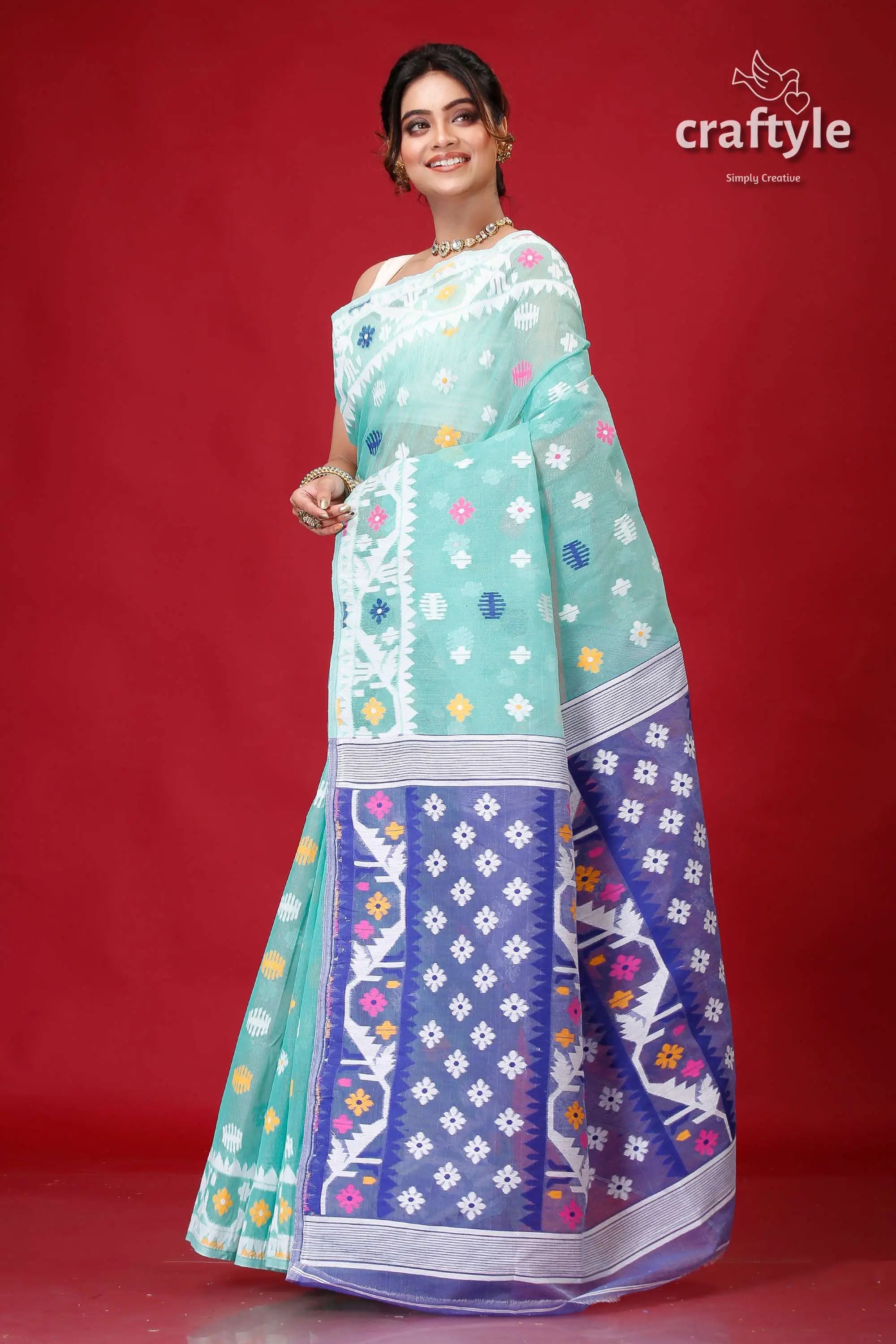 Light sea green jamdani weave saree woman patterned saree 3