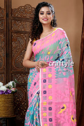 Light sea green & pink timeless handloom jamdani saree pink blue patterned saree 3