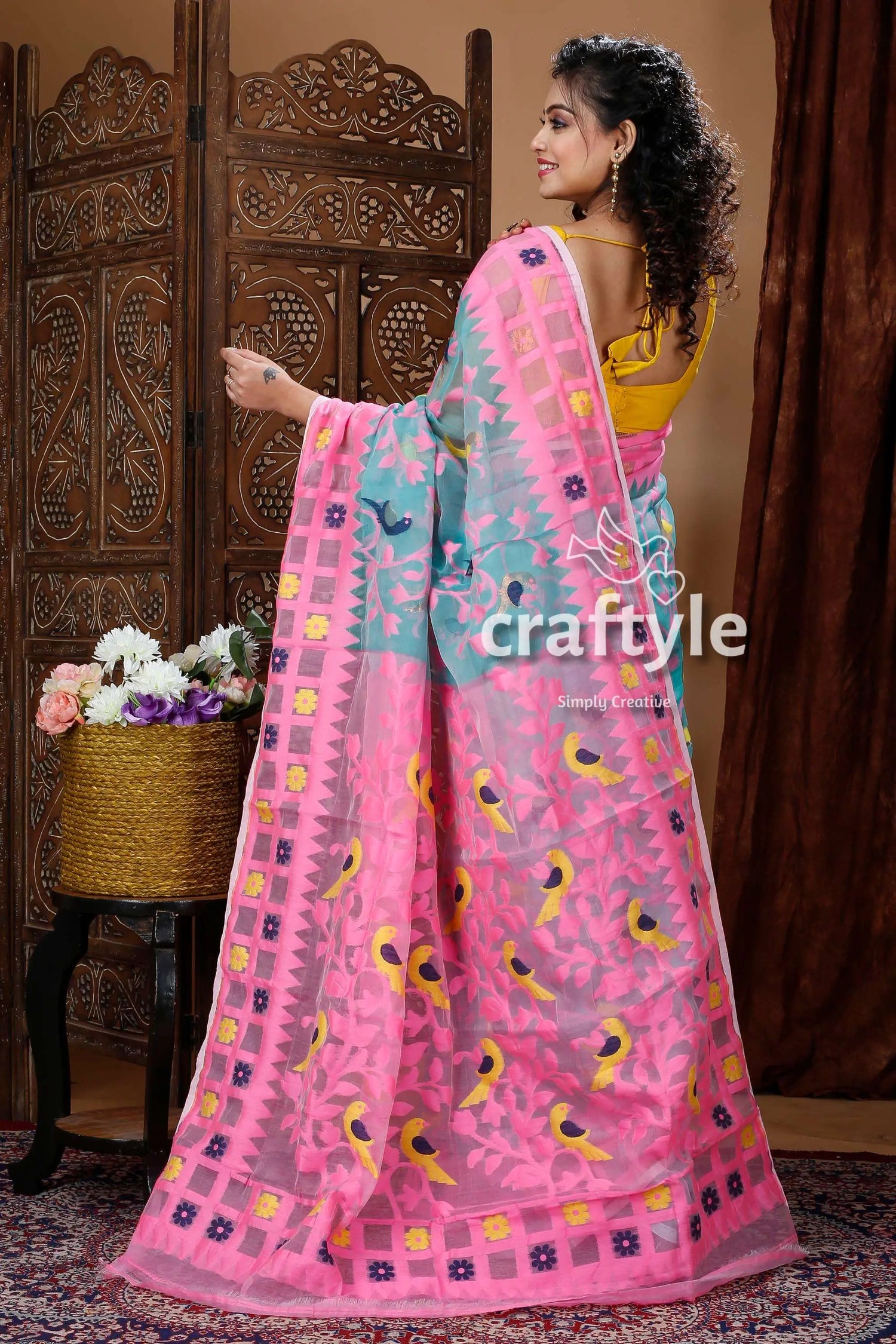 Light sea green & pink timeless handloom jamdani saree pink blue saree bird motifs 5