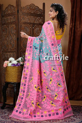 Light sea green & pink timeless handloom jamdani saree pink blue saree bird motifs 5