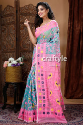 Light sea green & pink timeless handloom jamdani saree pink blue patterned saree 4