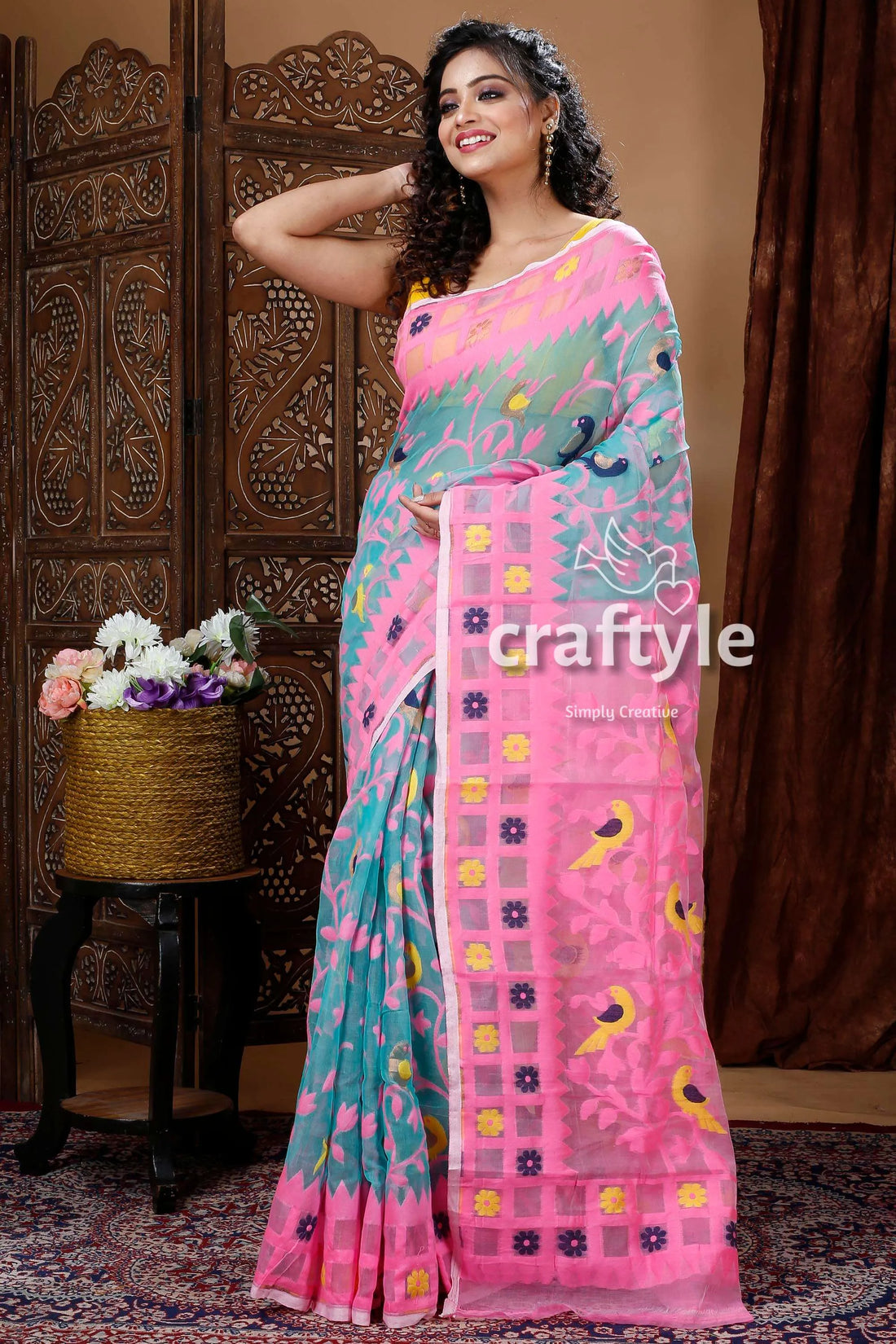 Light sea green & pink timeless handloom jamdani saree blue patterned 1