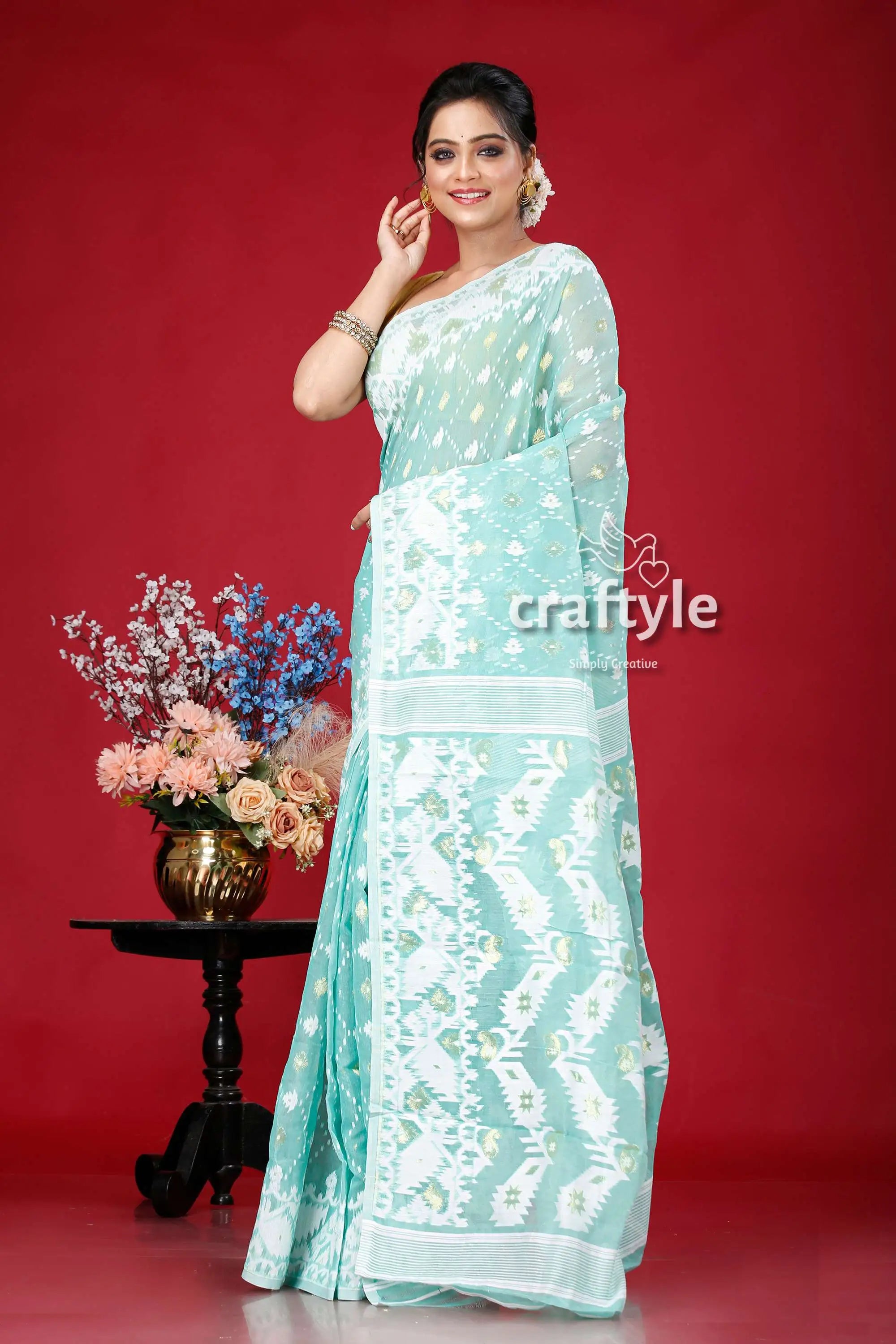 Light sea green-white jamdani weave saree light blue white saree 3