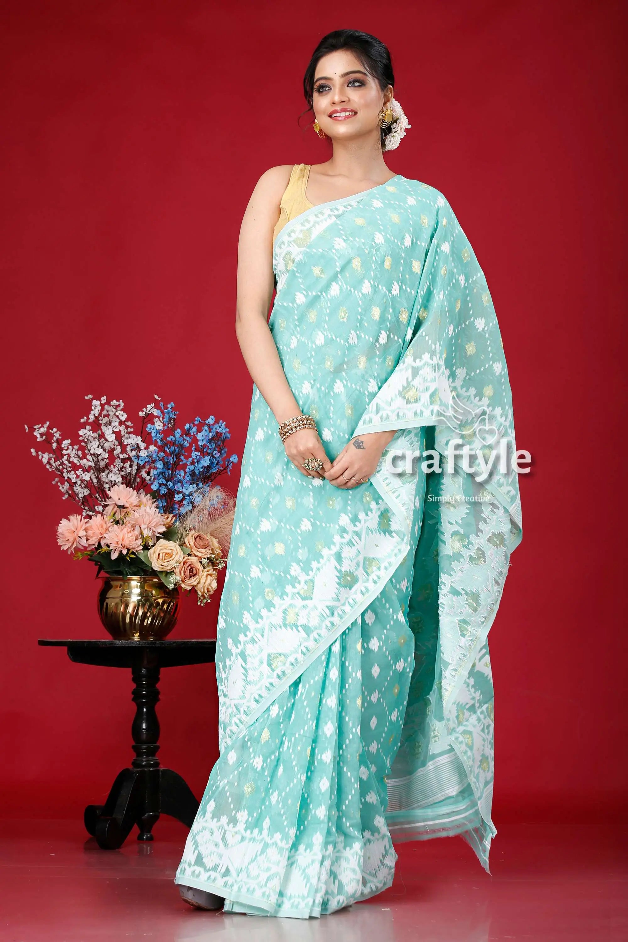 Light sea green-white jamdani weave saree light blue embroidered saree 4
