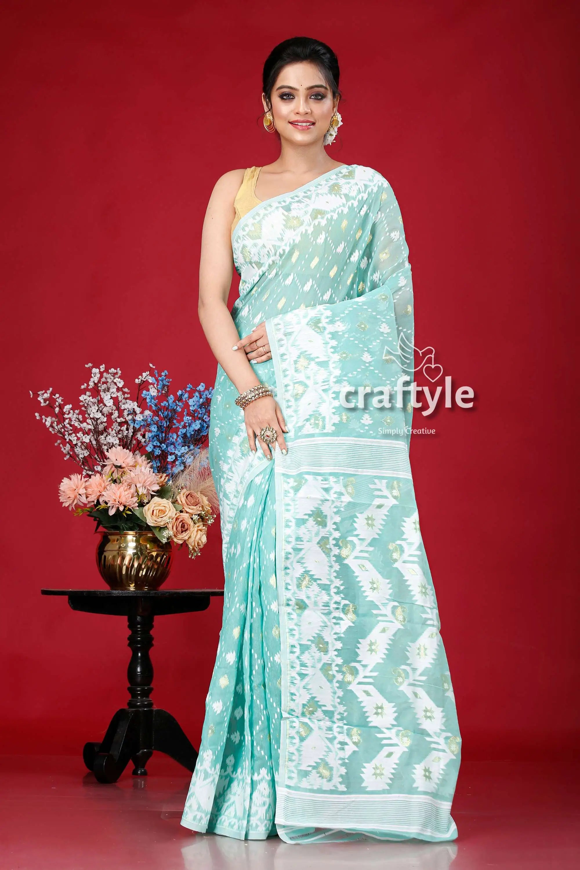 Light sea green-white jamdani weave saree woman light blue saree 1