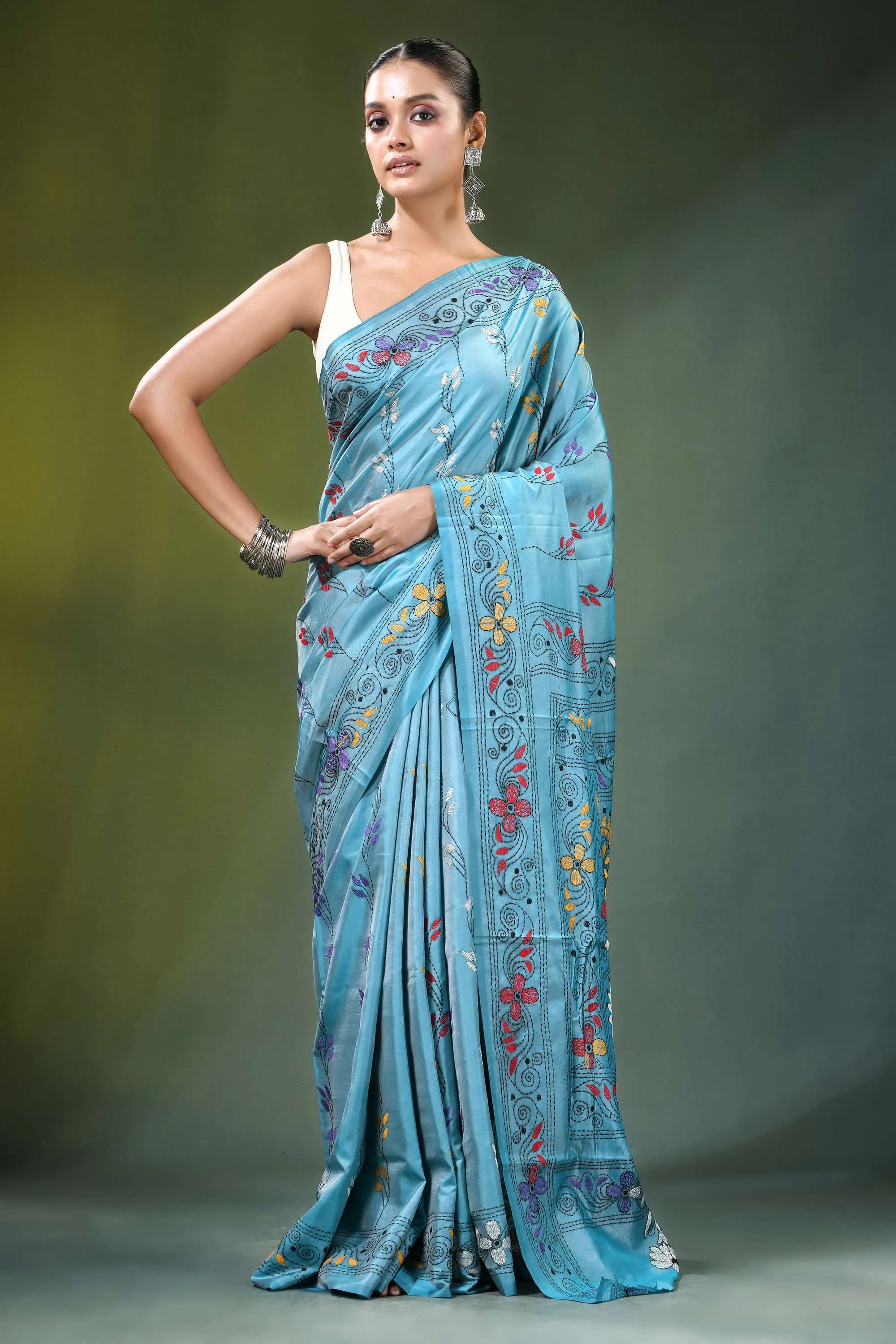 Light sky blue multicolor floral design silk kantha saree adorned 6