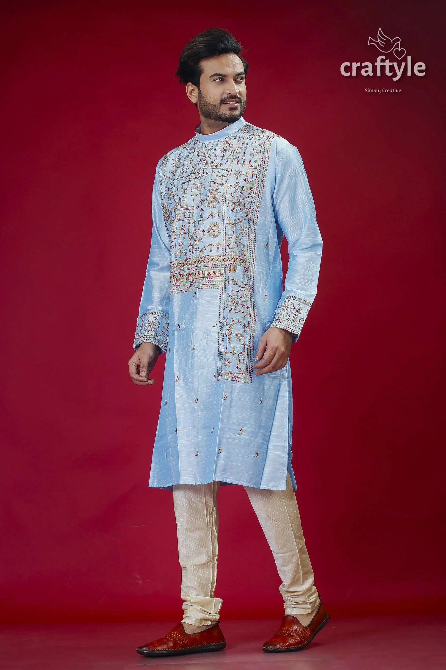 Light sky blue silk mens kurta with figure motif embroidery embroidered light blue kurta pajama 3
