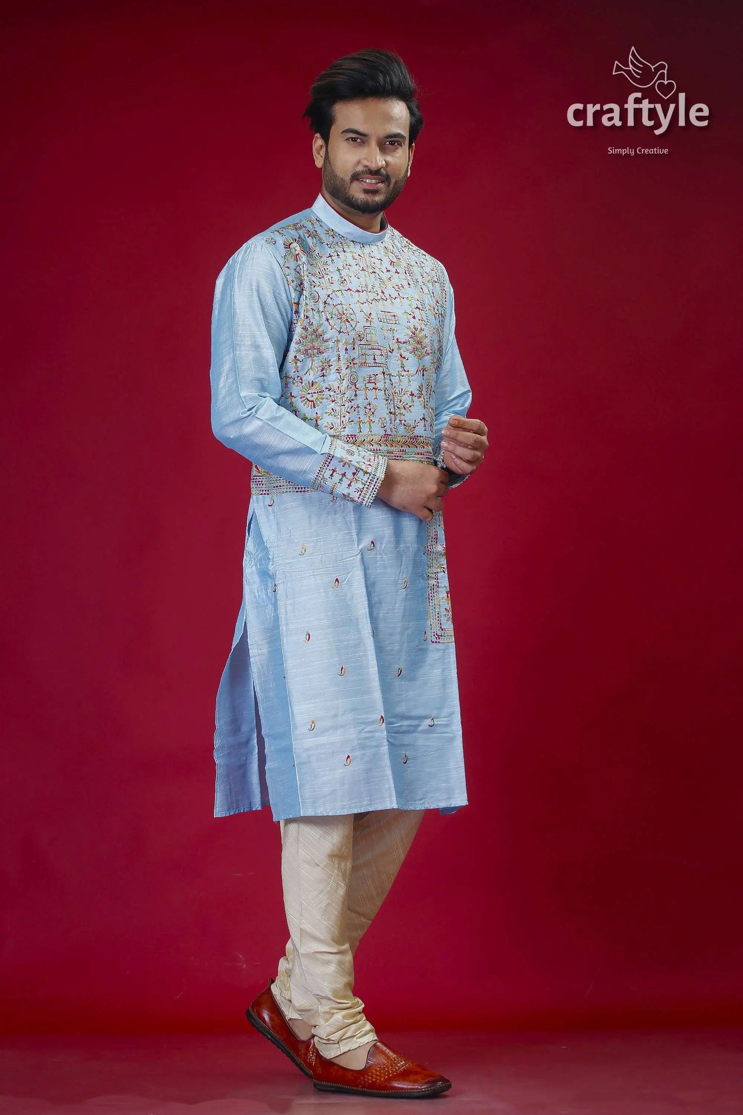 Light sky blue silk mens kurta with figure motif embroidery man light blue embroidered kurta 4