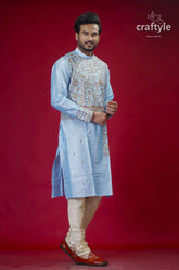 Light sky blue silk mens kurta with figure motif embroidery man light blue embroidered kurta 4