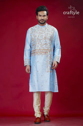 Light sky blue silk mens kurta with figure motif embroidery embroidered light blue kurta cream 1