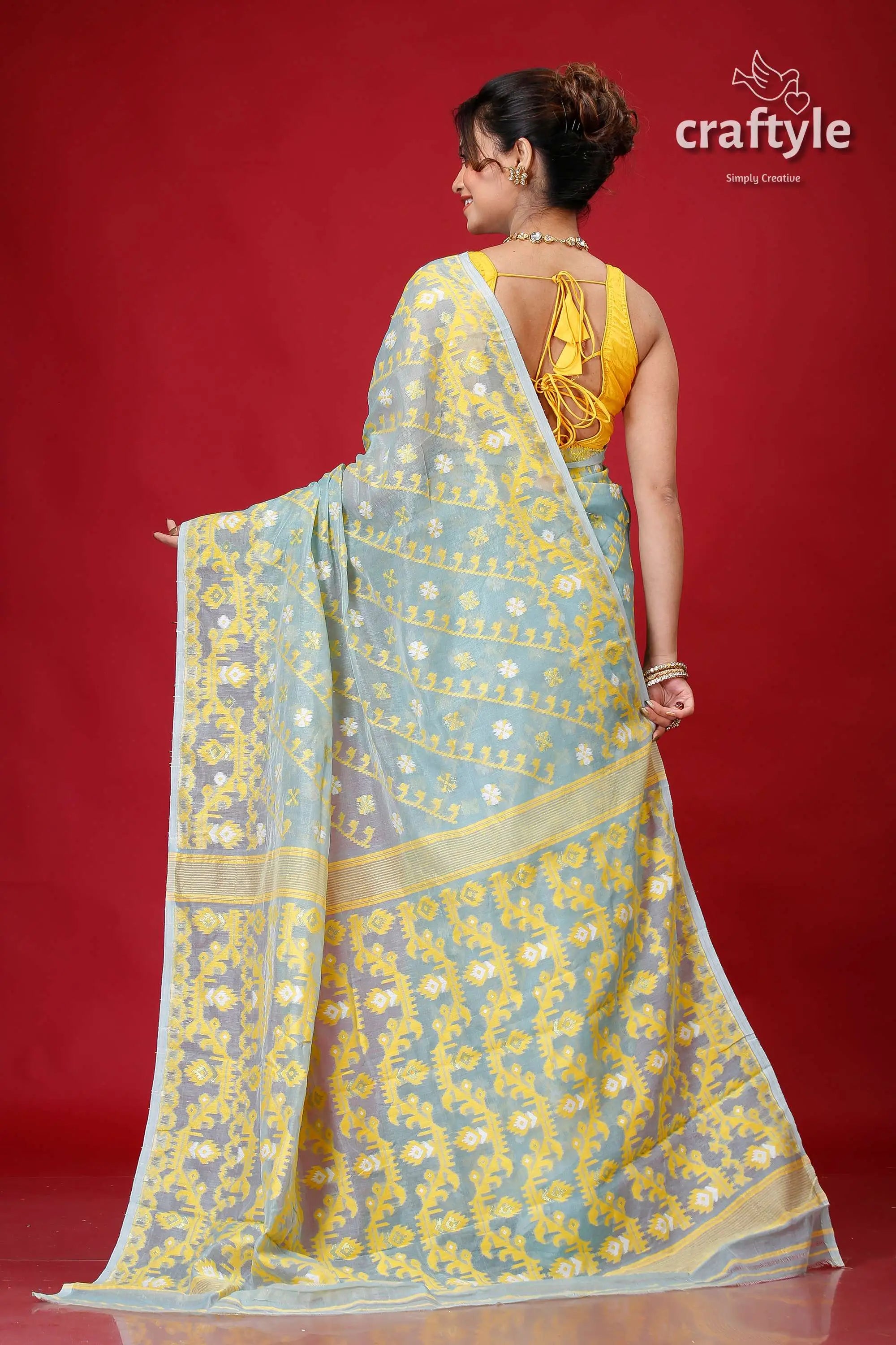 Light turquoise green soft bengal jamdani saree light blue saree yellow floral 5