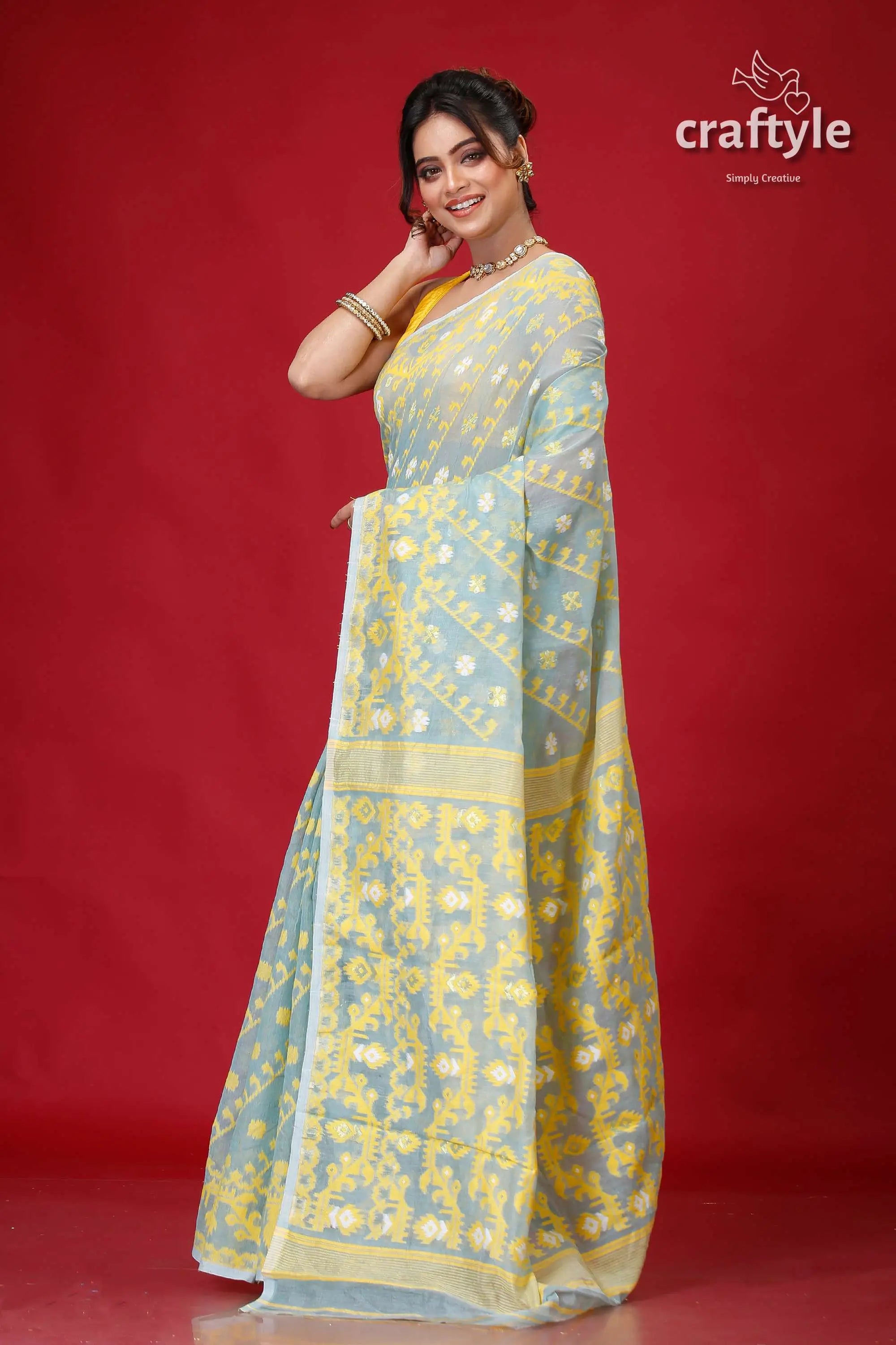 Light turquoise green soft bengal jamdani saree woman patterned saree 3