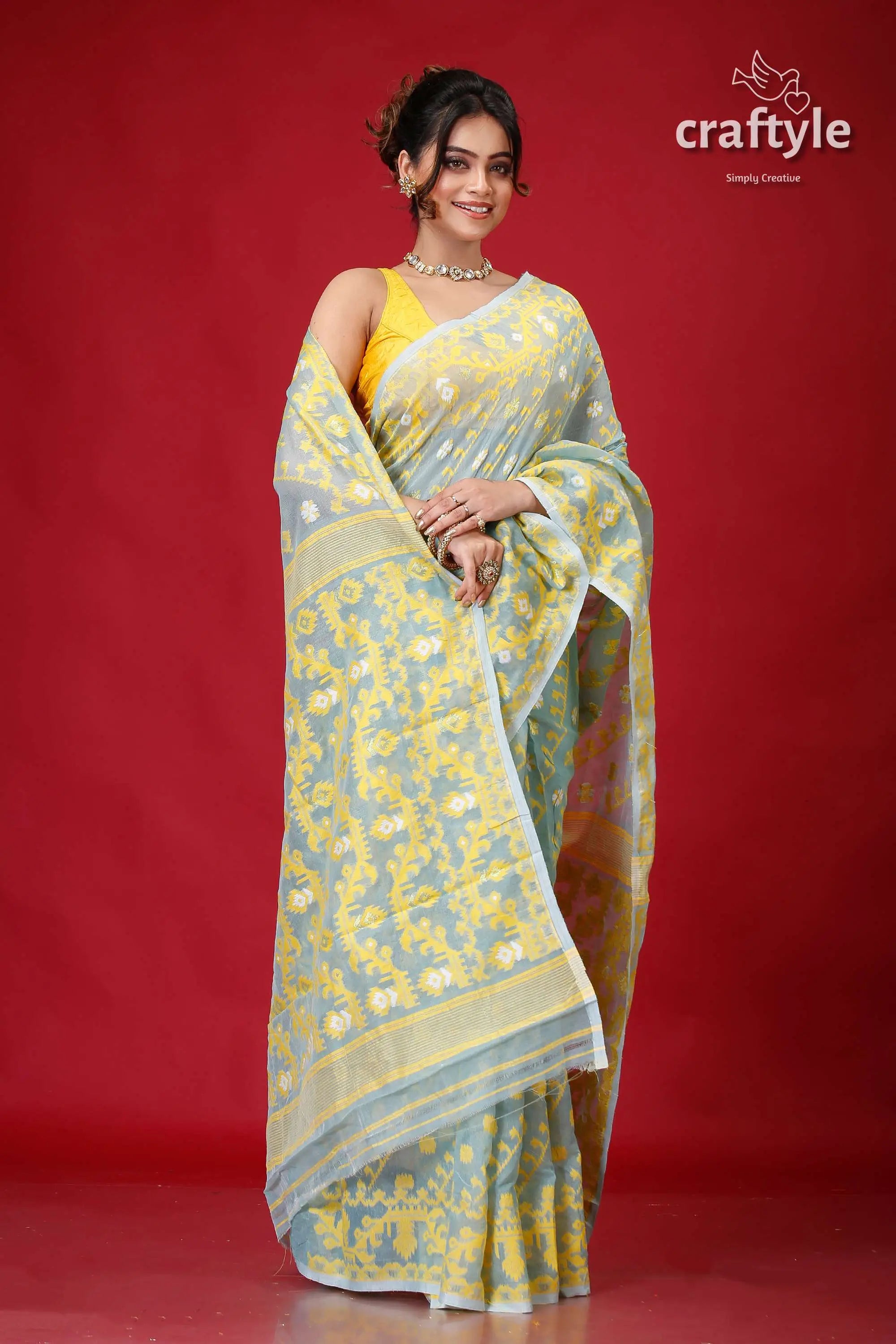 Light turquoise green soft bengal jamdani saree woman floral saree 4