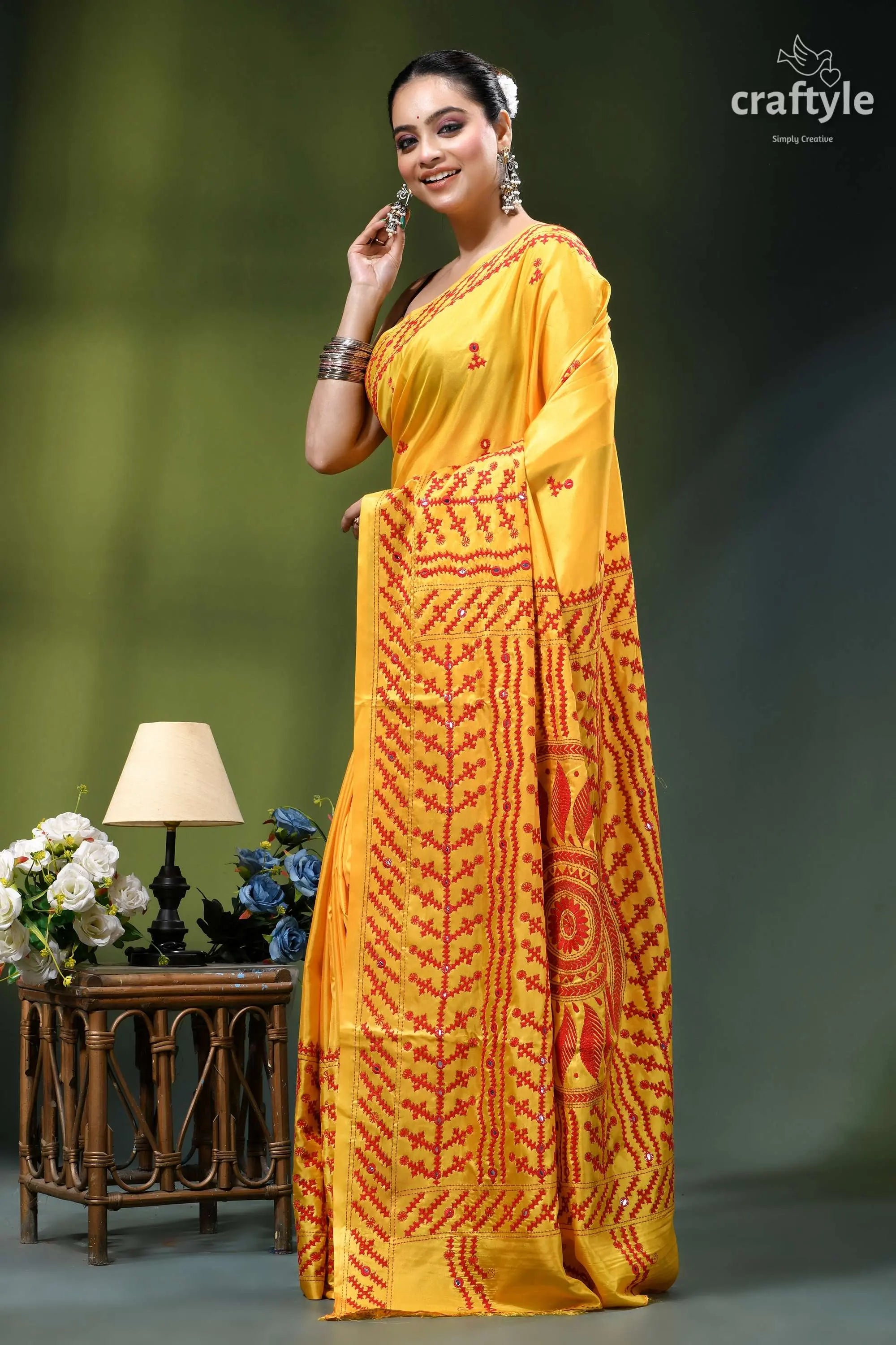 Lighting yellow red kutch embroidery silk saree with mirror work vibrant yellow saree intricate red 3