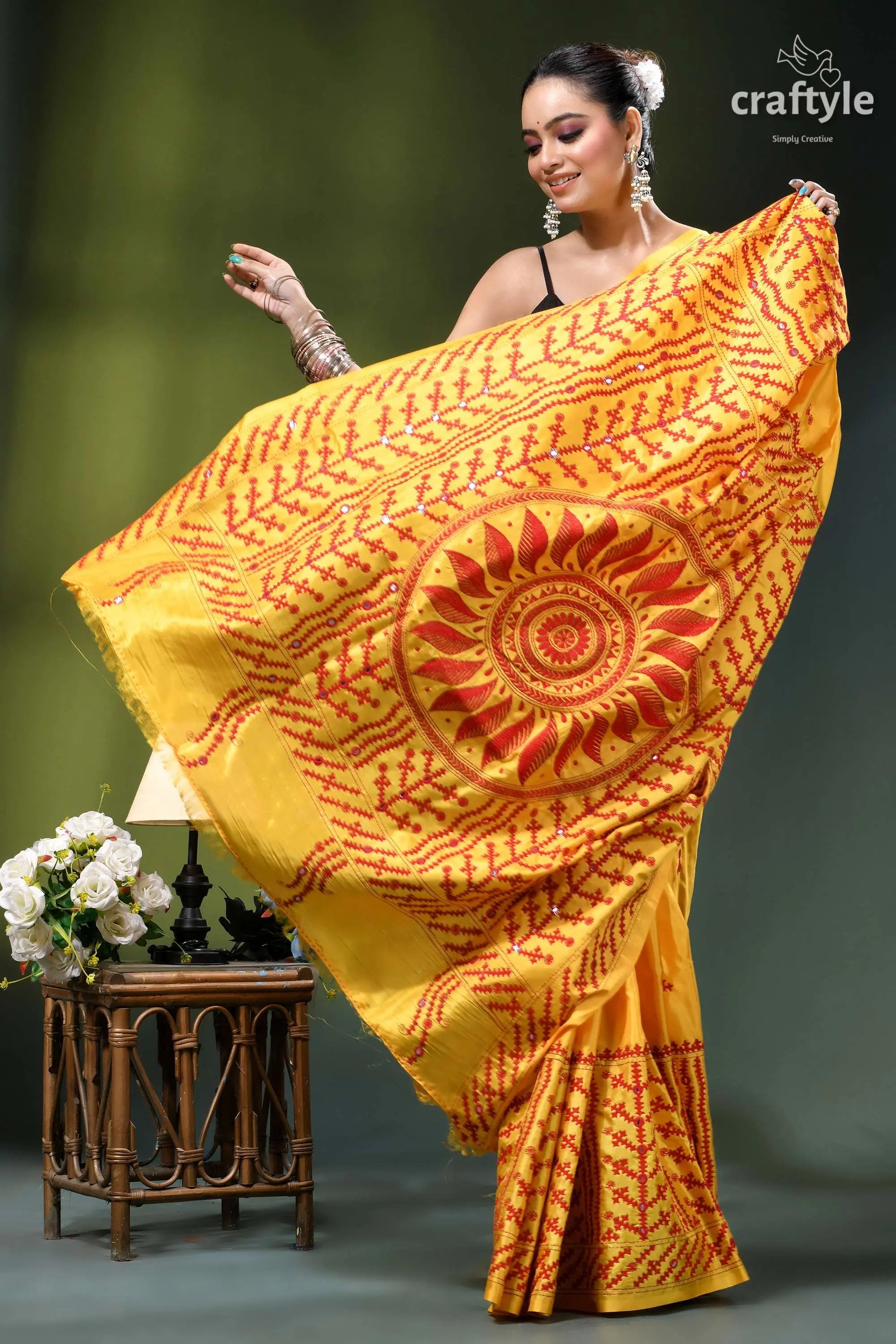 Lighting yellow red kutch embroidery silk saree with mirror work vibrant yellow saree intricate red 4