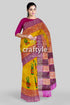 Lightning yellow hand block print pure tussar saree with zari border yellow purple patterned saree 1