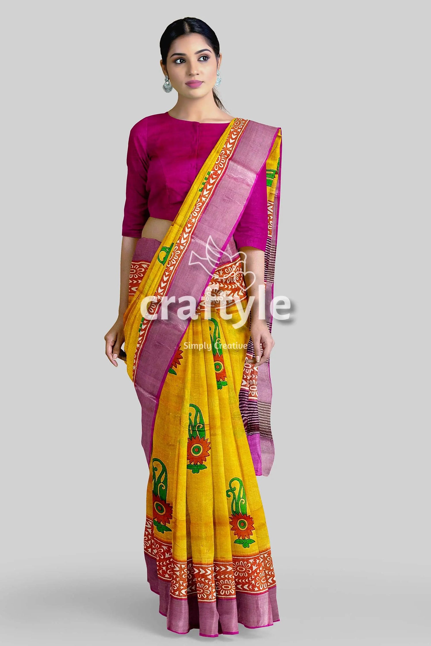 Lightning yellow hand block print pure tussar saree with zari border woman yellow pink saree 5