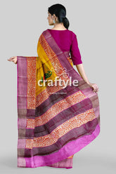 Lightning yellow hand block print pure tussar saree with zari border yellow purple patterned saree 6