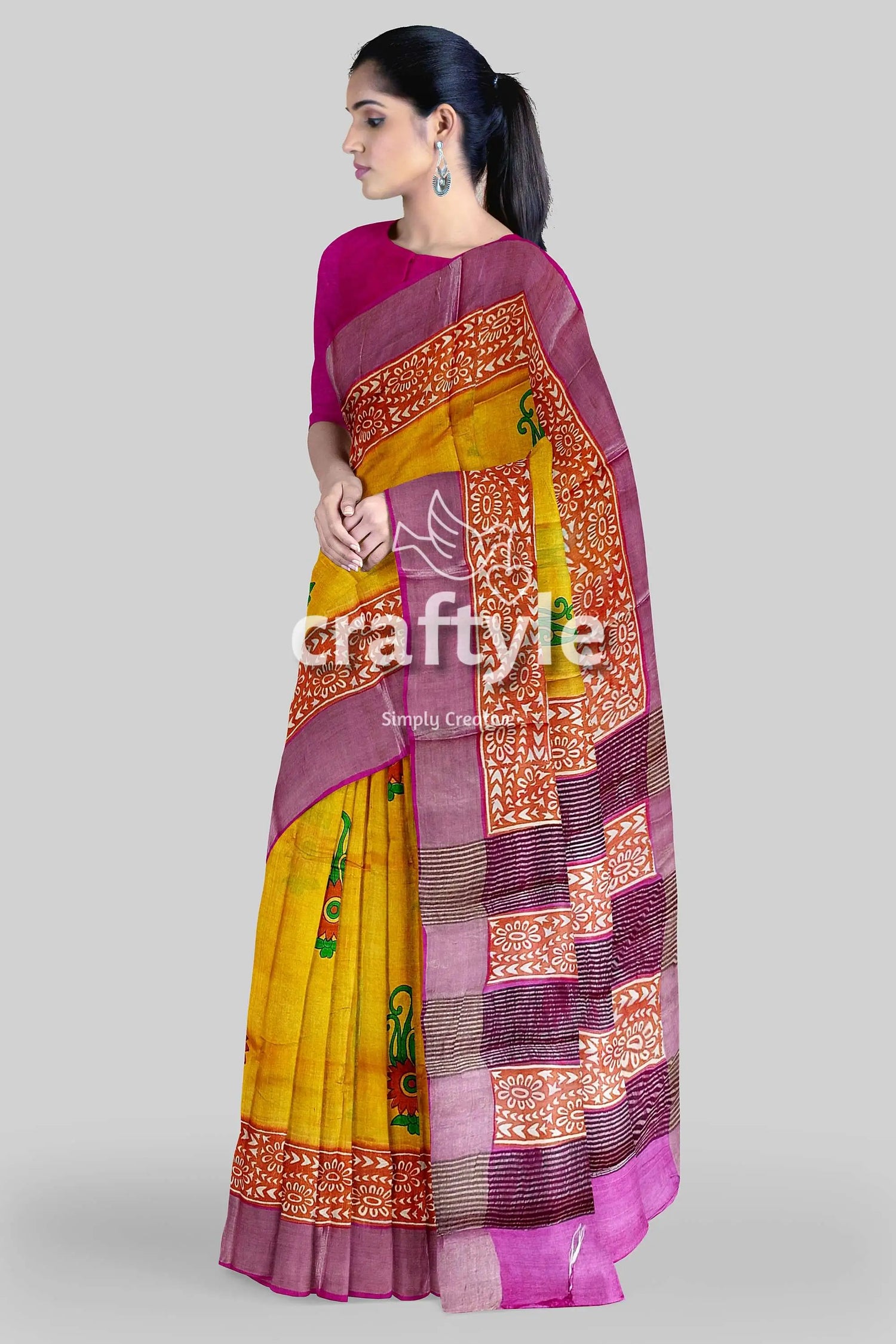 Lightning yellow hand block print pure tussar saree with zari border yellow purple patterned saree 2
