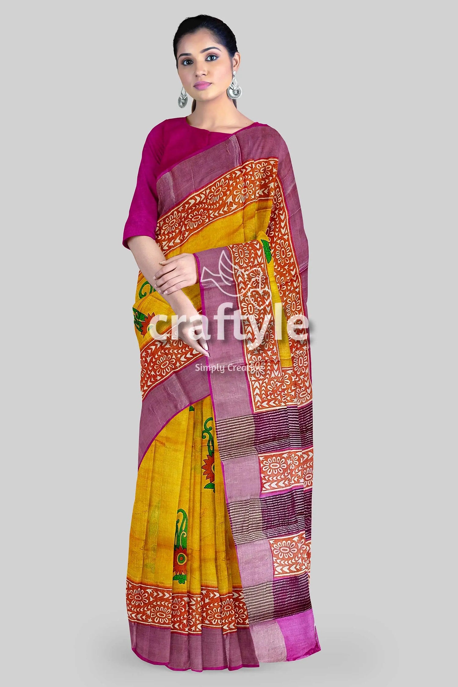 Lightning yellow hand block print pure tussar saree with zari border yellow saree patterned border 3