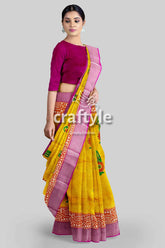 Lightning yellow hand block print pure tussar saree with zari border yellow saree pink border 4