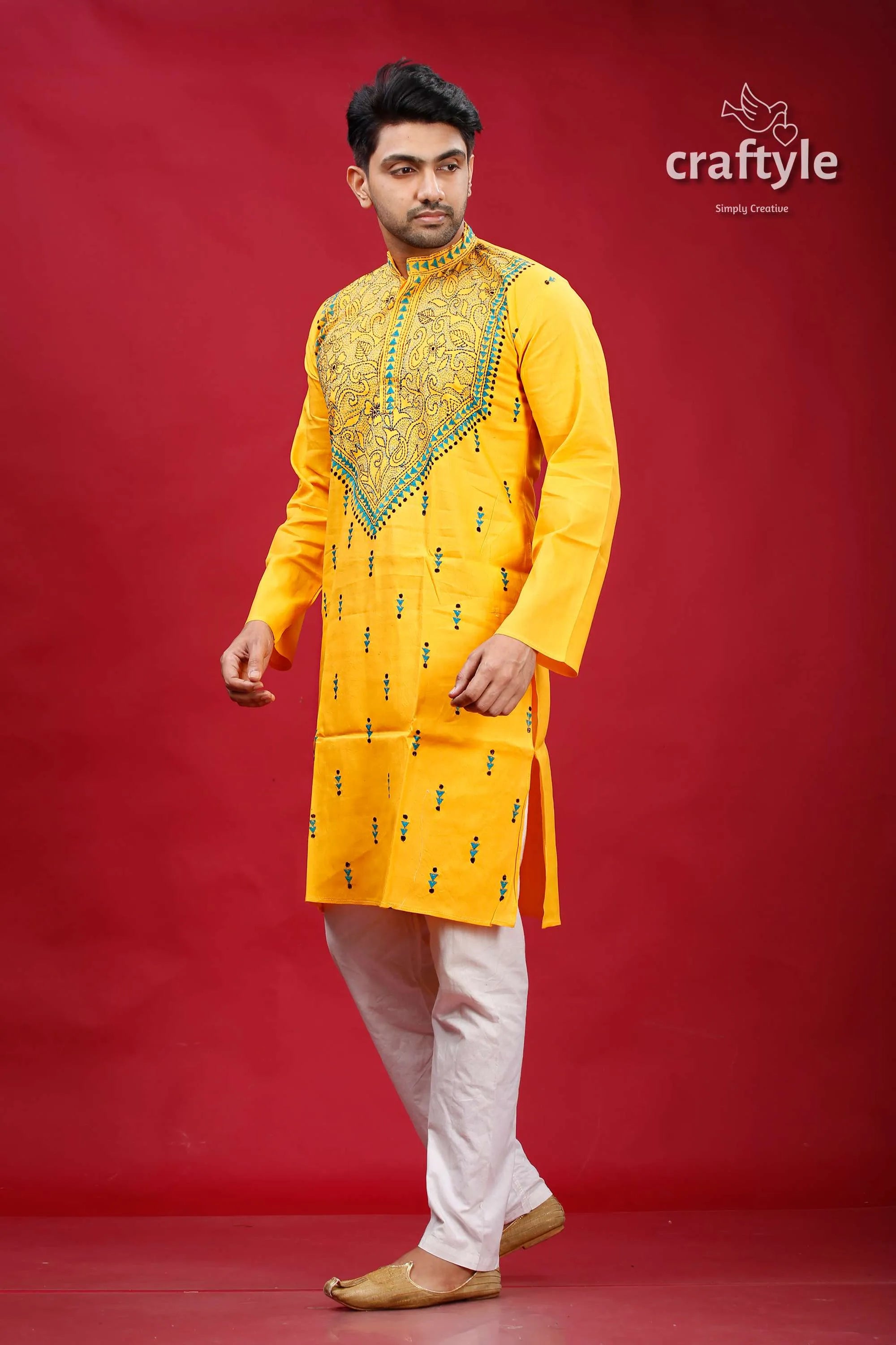 Lightning yellow kantha work cotton punjabi for men yellow embroidered kurta white pants 3