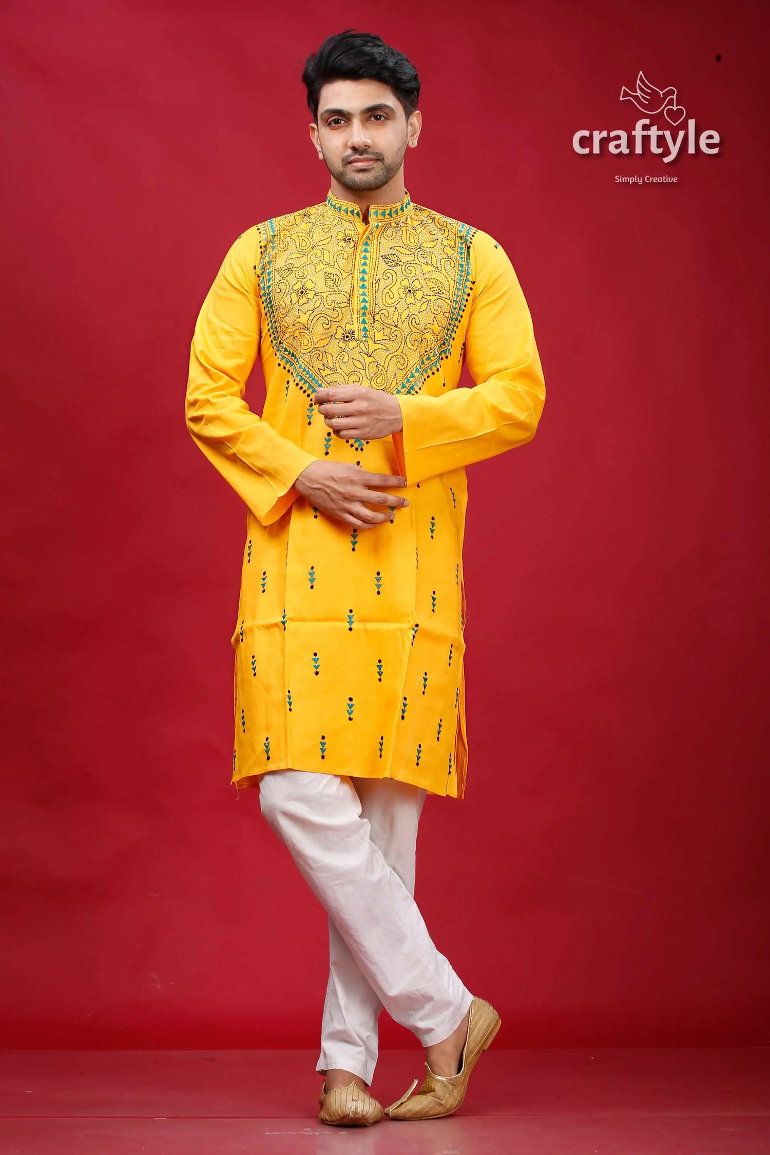 Lightning yellow kantha work cotton punjabi for men yellow embroidered kurta pajama set 1