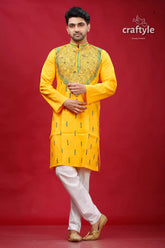 Lightning yellow kantha work cotton punjabi for men yellow embroidered kurta pajama set 1