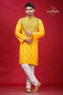 Lightning yellow kantha work cotton punjabi for men yellow embroidered kurta pajama set 1