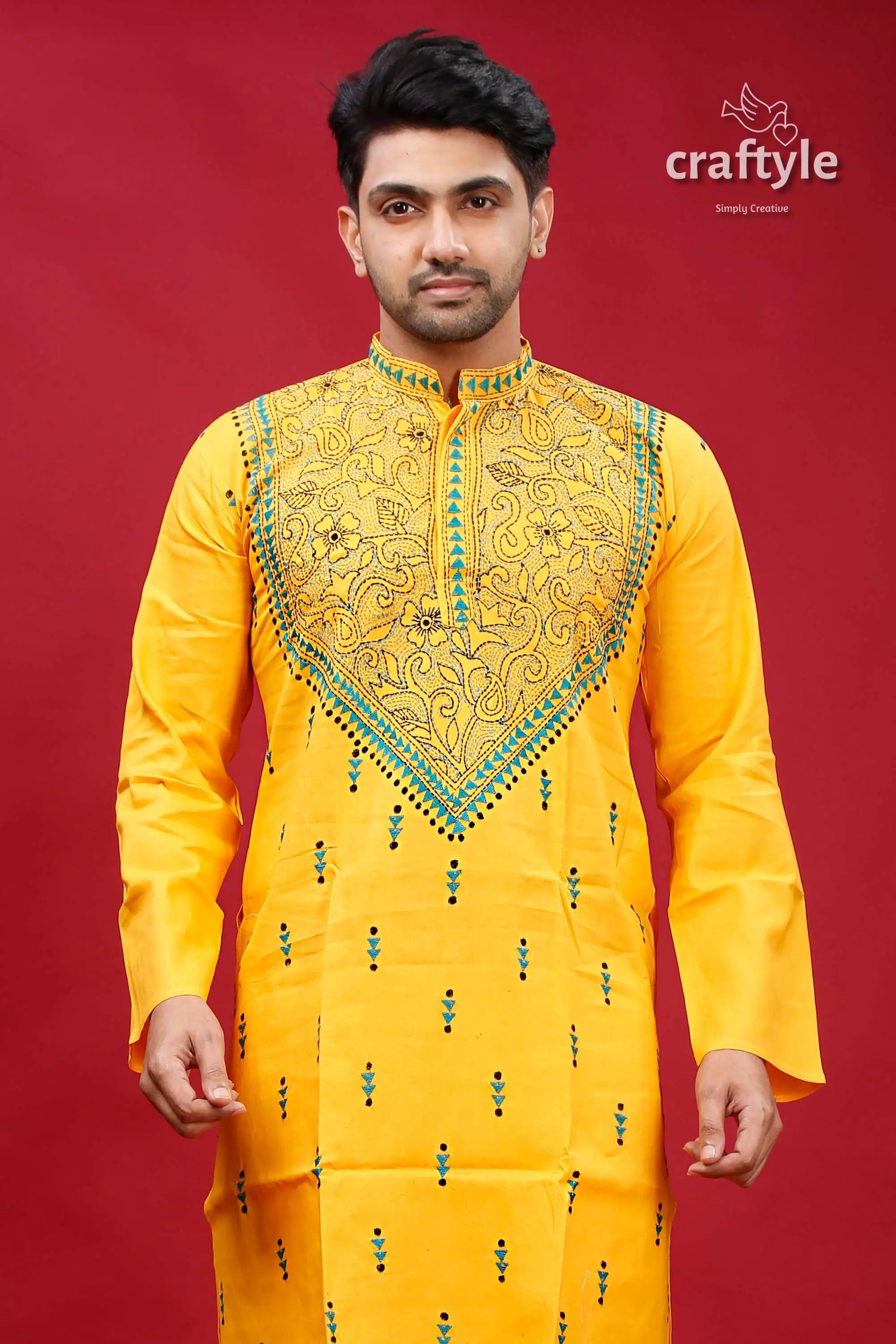 Lightning yellow kantha work cotton punjabi for men yellow embroidered kurta 2