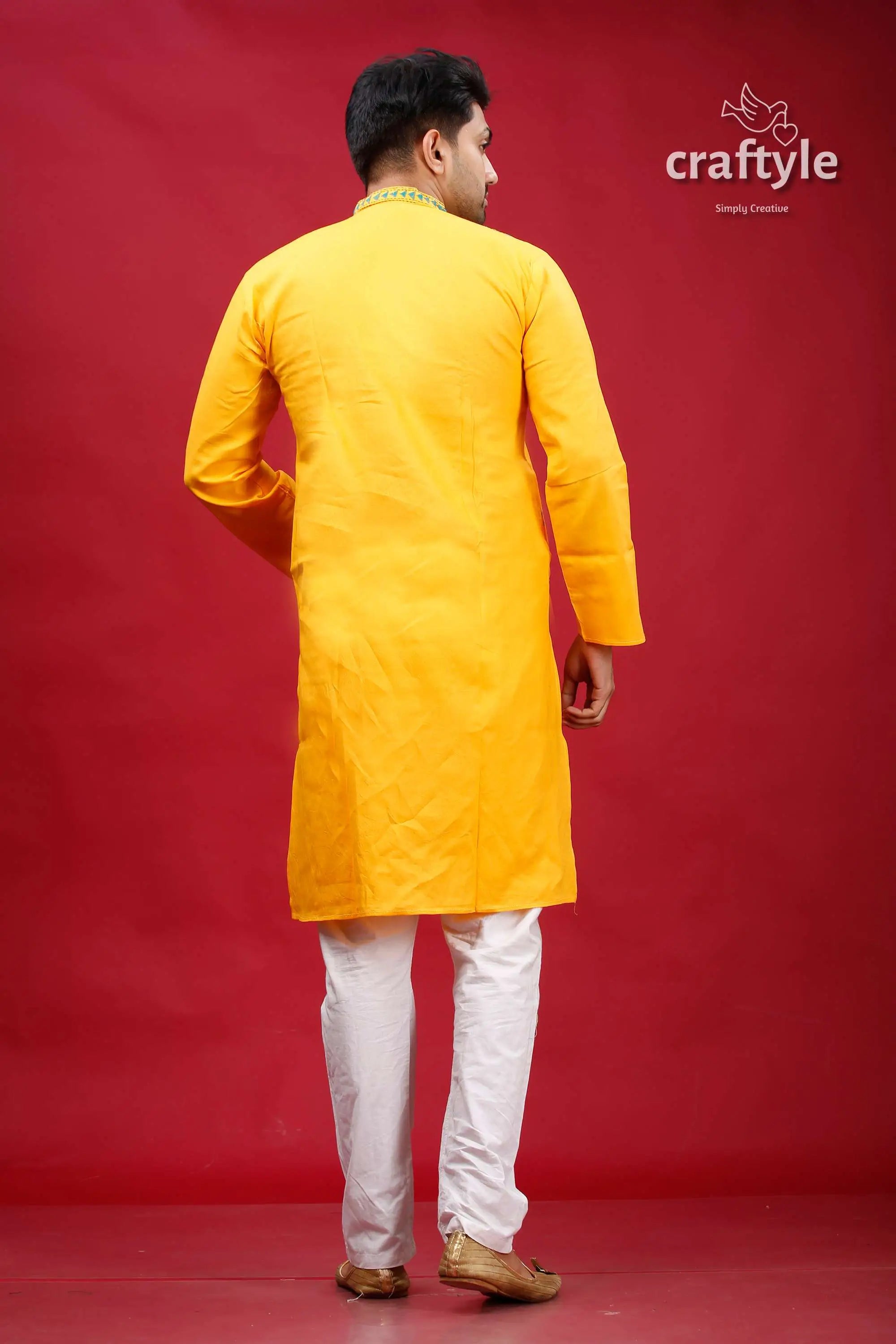 Lightning yellow kantha work cotton punjabi for men yellow kurta white pants 5