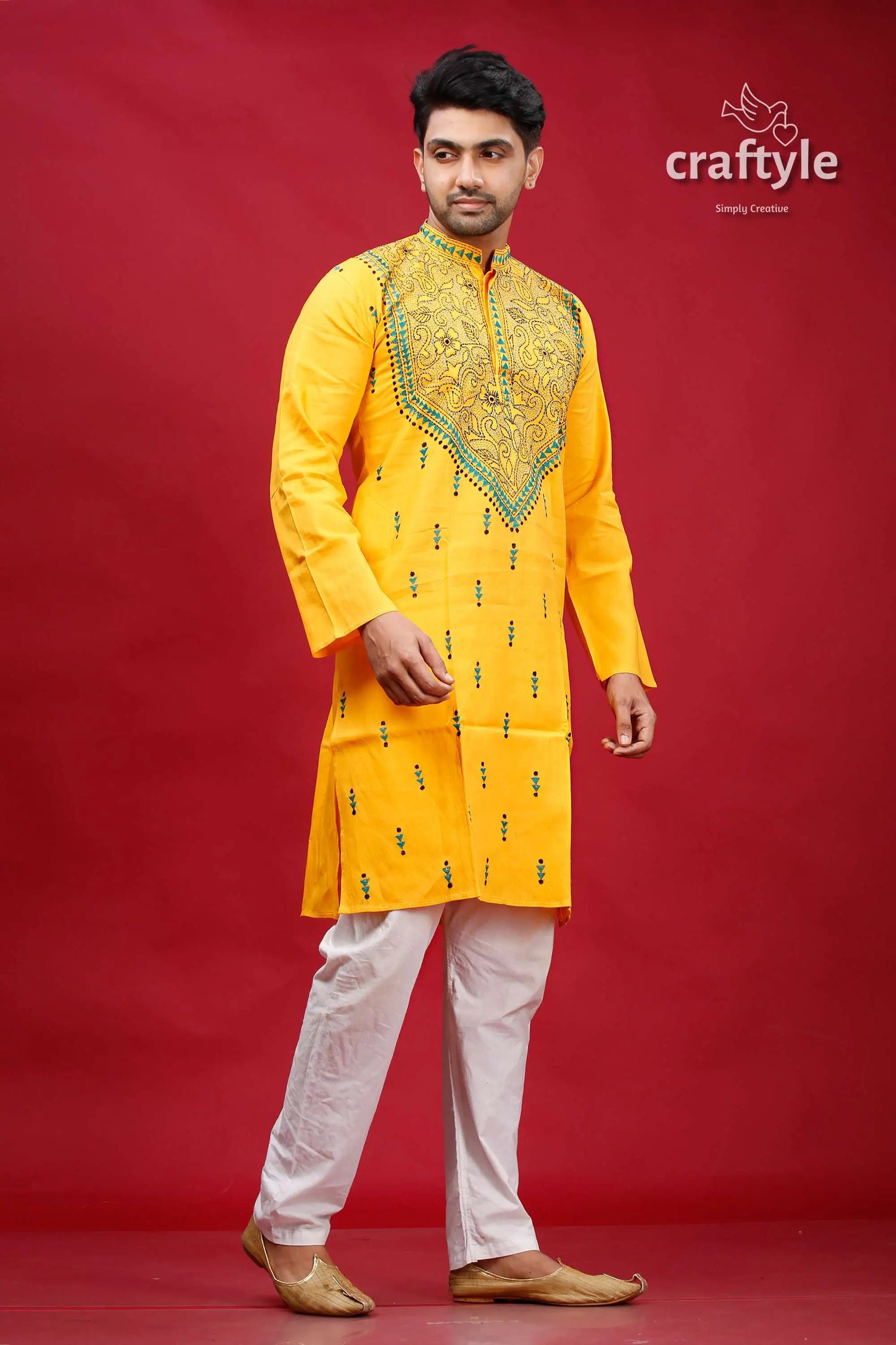 Lightning yellow kantha work cotton punjabi for men yellow embroidered kurta white pants 4