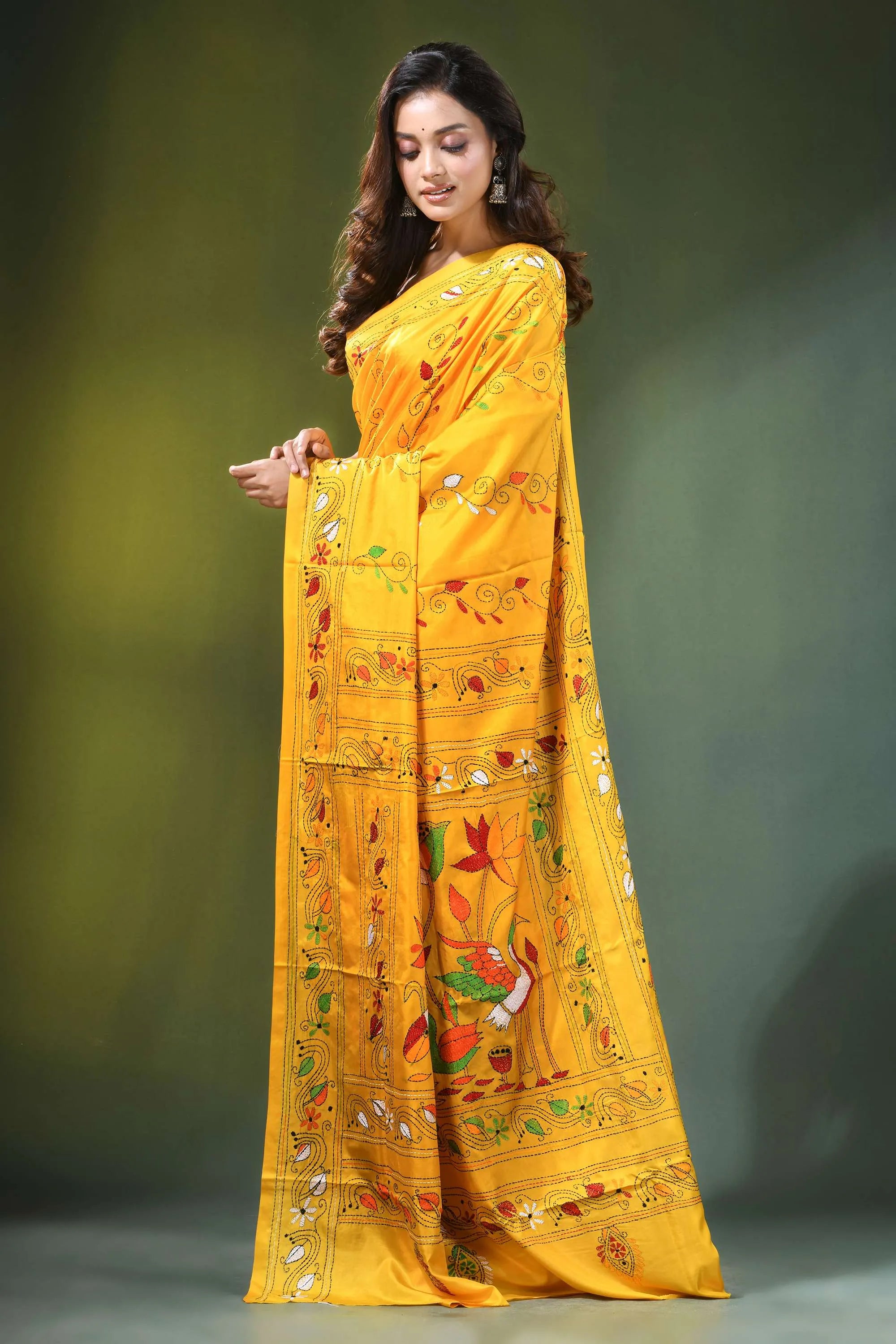 Lightning yellow multicolor hand kantha stitched silk saree - nature theme vibrant adorned 3
