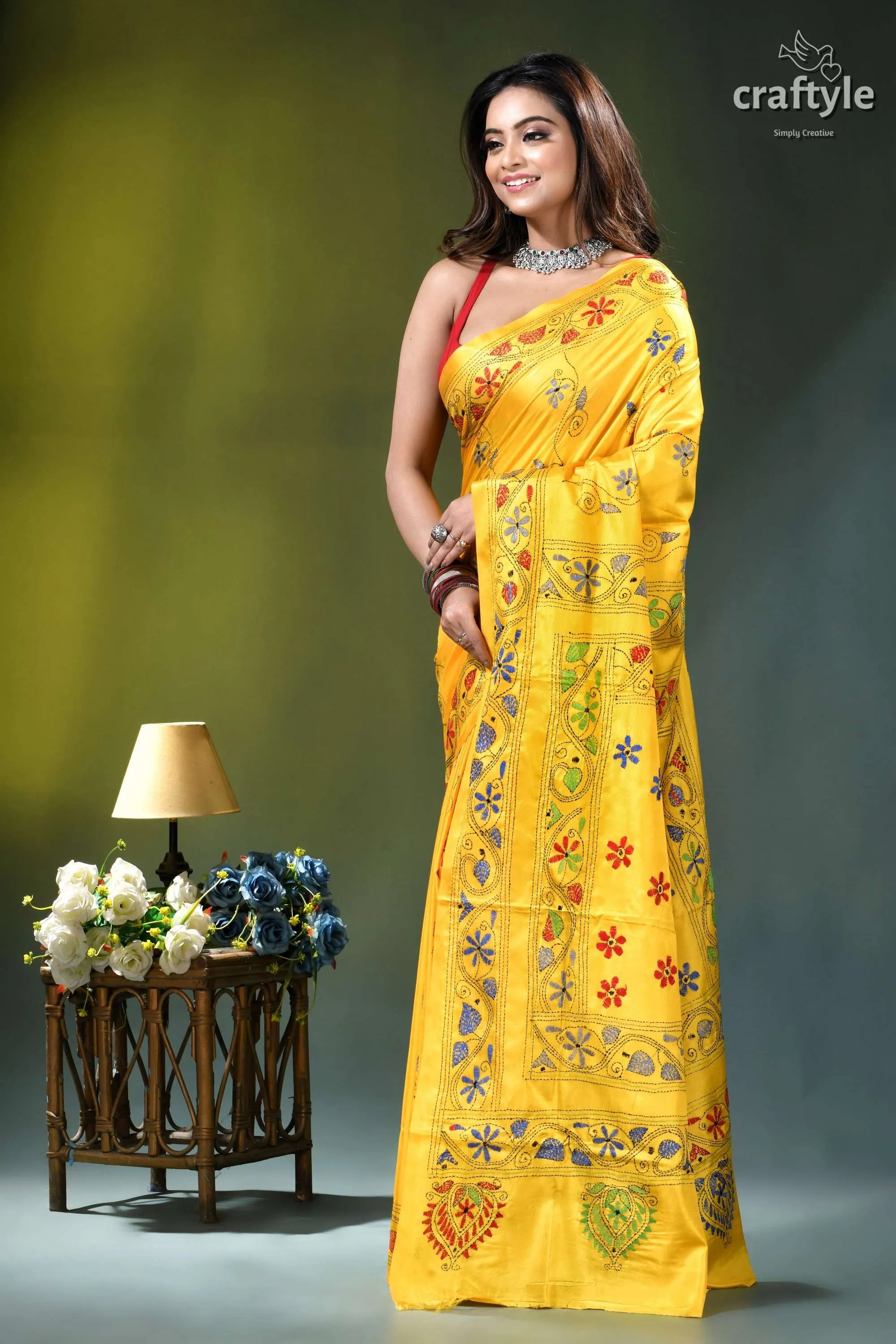 Lightning yellow nature’s embrace exquisite silk kantha saree vibrant yellow saree intricate floral 3