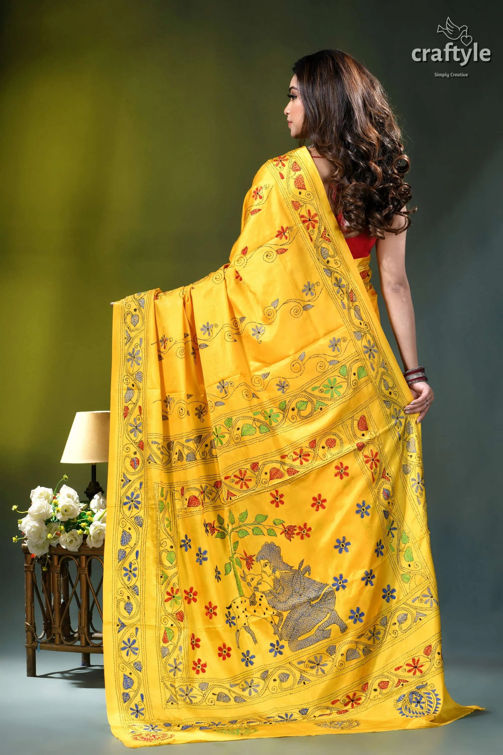 Lightning yellow nature’s embrace exquisite silk kantha saree vibrant yellow saree intricate floral 4