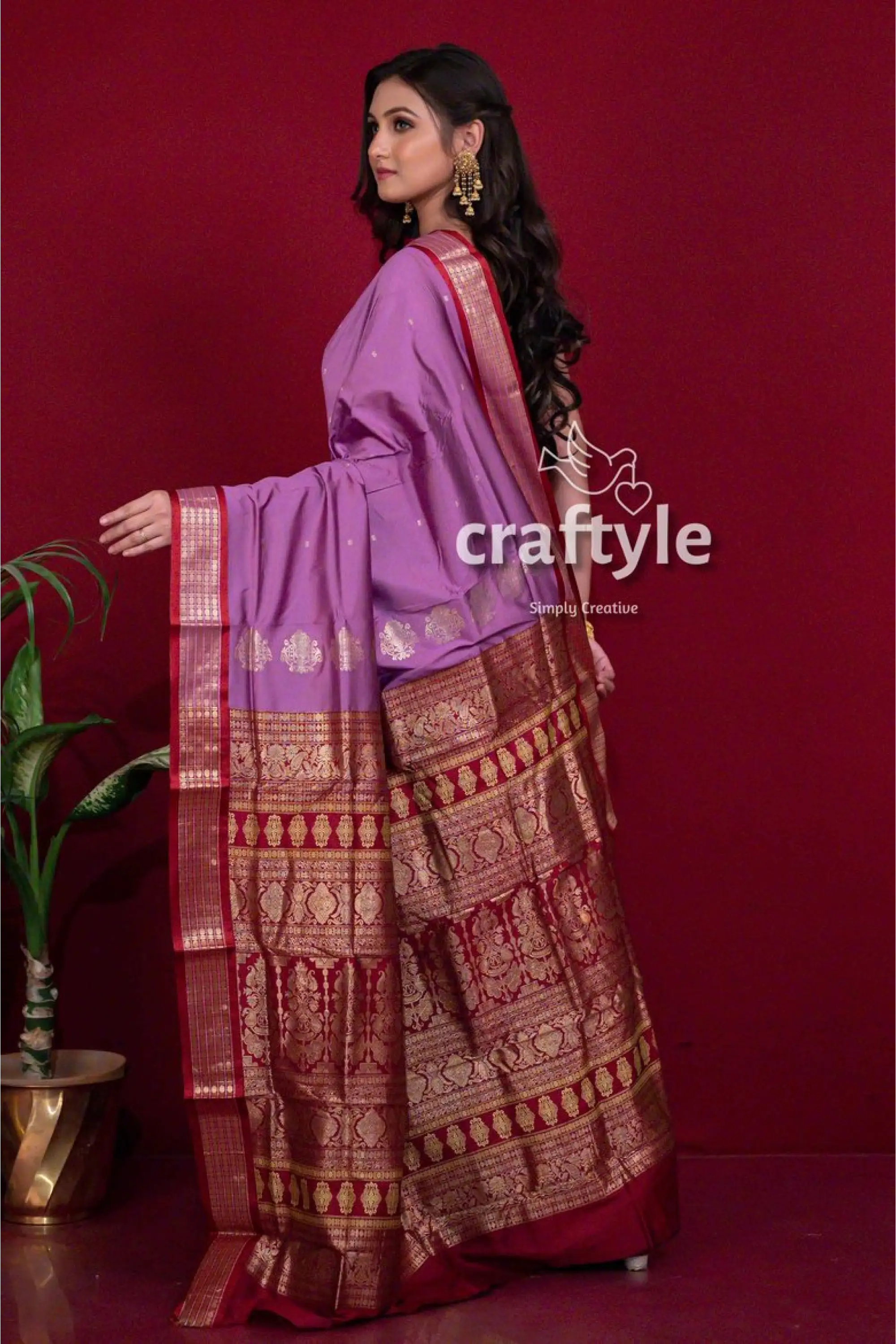 Lilac violet zari border semi bomkai silk saree for women woman purple red saree 4