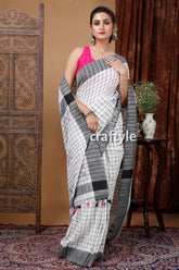 Lily white check handloom cotton saree - elegant and versatile woman checkered saree 5