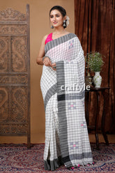 Lily white check handloom cotton saree - elegant and versatile white checkered saree pink accents 1