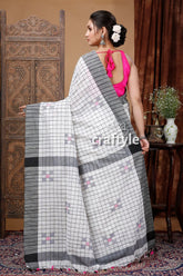 Lily white check handloom cotton saree - elegant and versatile white gray checkered saree 4