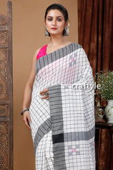 Lily white check handloom cotton saree - elegant and versatile white gray checkered saree 2