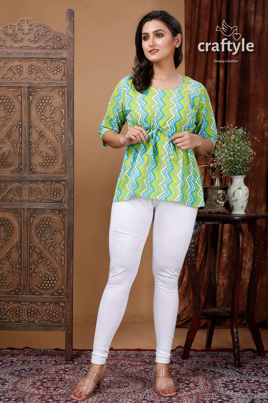 Lime Green and Sky Cotton Printed Top with Three Quarter Sleeves - Craftyle